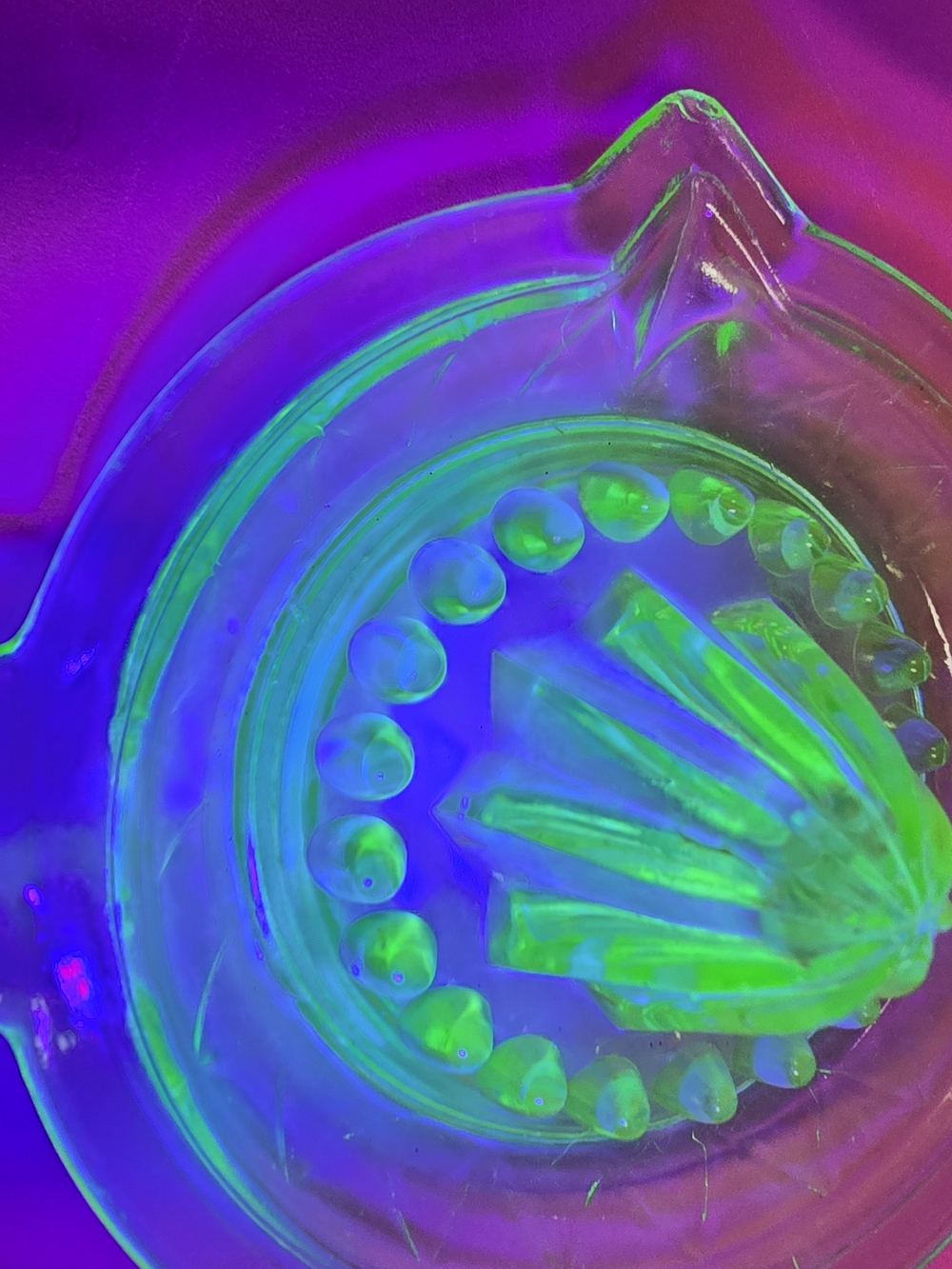 Vintage Uranium Glass Citrus Juicer - Neon Green & Purple Glow